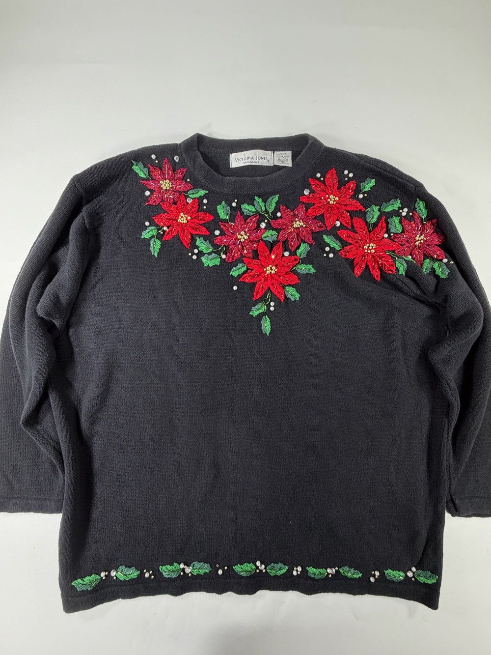 Vintage Victoria Jones Poinsettia Christmas Sweater Beaded Black Holiday 2X Plus